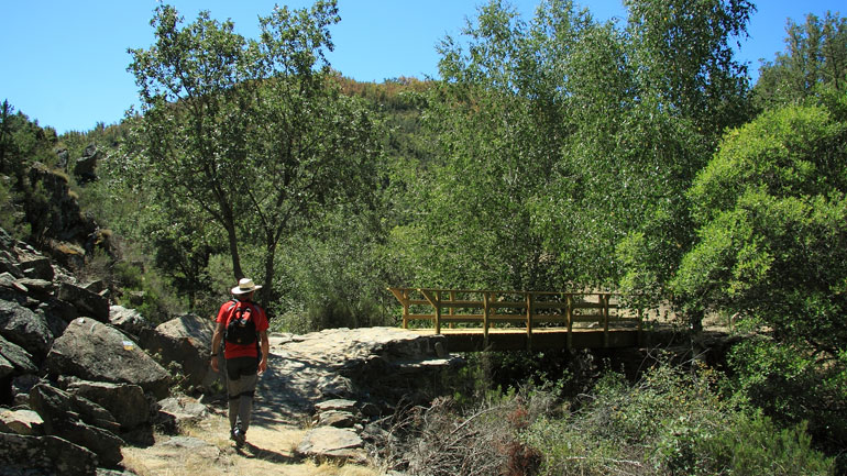 El senderista cruza el puente sobre el río Berbellido
